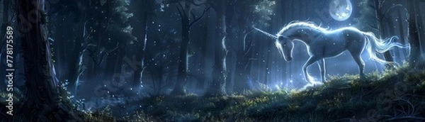 Fototapeta A graceful spiraled unicorn with bioluminescent fur standing in a moonlit forest