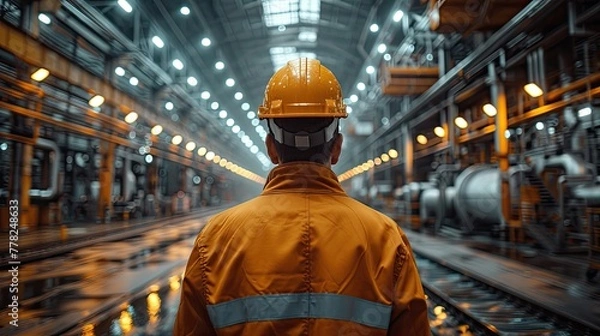 Fototapeta Worker in a safety helmet supervising heavy machinery in a manufacturing plant, overseeing operations