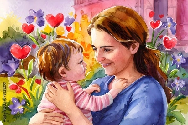 Fototapeta water color portrait of a woman with child, Mother's day, Happy Mother Day