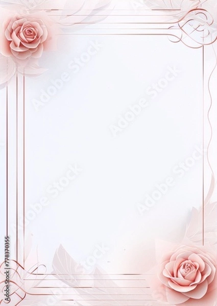 Fototapeta Pink roses and leaves with golden frame on a white background, digital art, art deco, interior, wedding invitation.