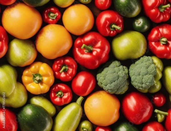 Fototapeta A variety of colorful vegetables, including tomatoes, bell peppers, and carrots. - seamless and tileable