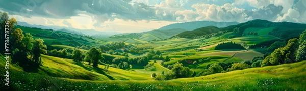 Fototapeta Journey through rolling hills and verdant valleys captures the essence of rural life.