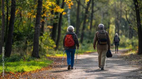 Fototapeta Two seniors with backpacks enjoy a leisurely walk on a path in a park, surrounded by the greenery of early fall.