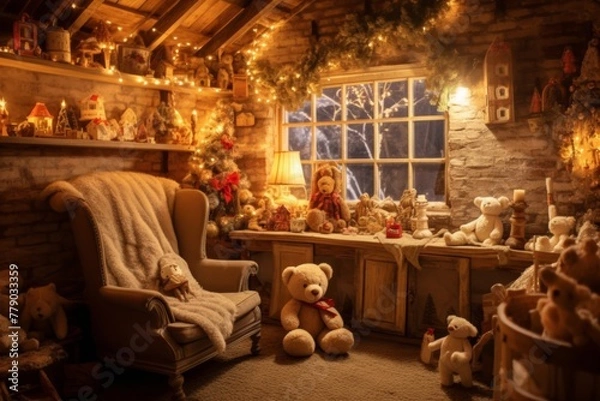 Fototapeta Cozy Christmas Scene. A Teddy Bear's Winter Wonderland