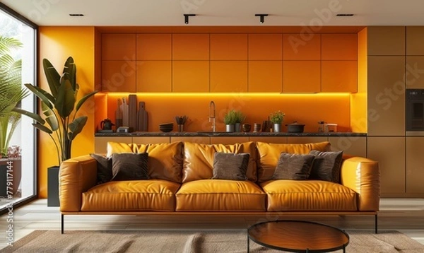 Fototapeta Living room interior wall mockup in warm tones with leather sofa which is behind the kitchen