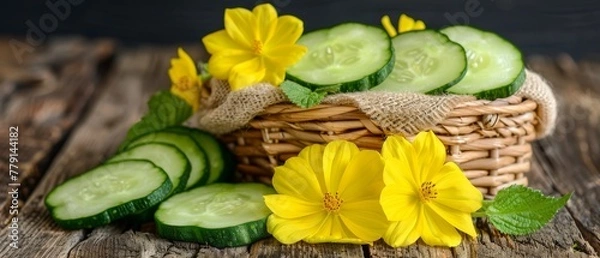 Fototapeta   A basket brimming with cucumbers tops a weathered wooden table Flowers adorn it A burlap sack lies nearby