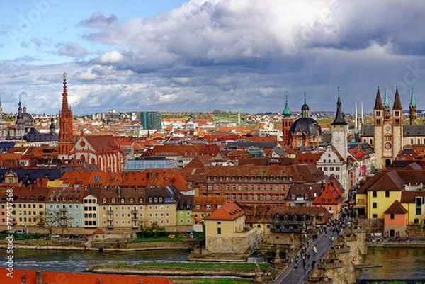 Fototapeta A beautiful day in the medieval city of Wurzburg on a rainy day.