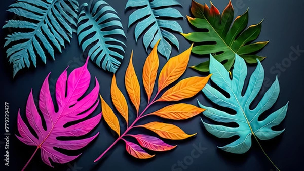 Fototapeta Eye-Catching Backgrounds: Creative Neon Layouts with Tropical Leaves.