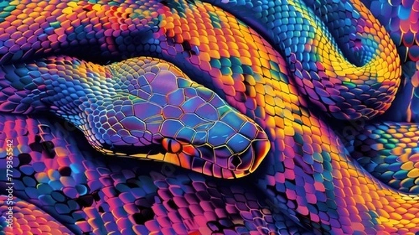 Fototapeta Several exotic beautiful snakes close up. Poisonous dangerous reptile.