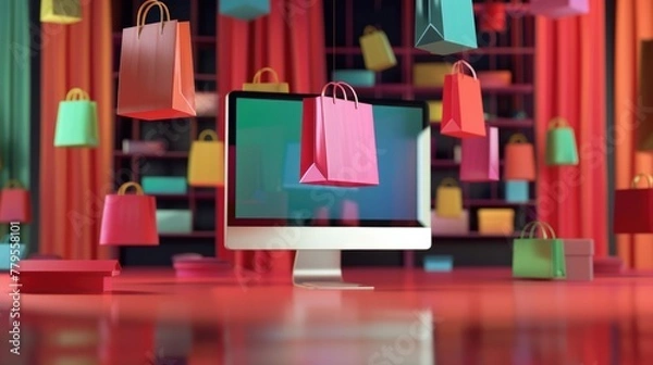 Fototapeta Shopping online concept. Floating shopping bags with computer showcase icon display.