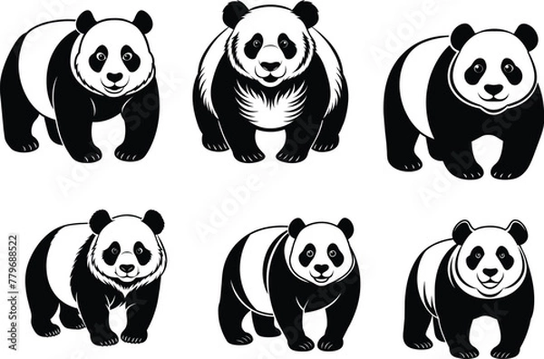 Fototapeta Set of panda silhouette vector illustration.