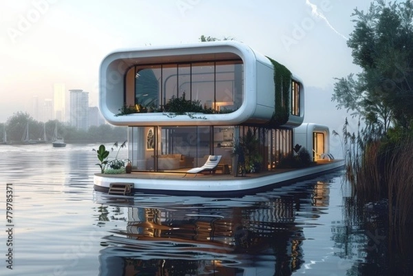 Obraz Floating futuristic house with greenery at dusk