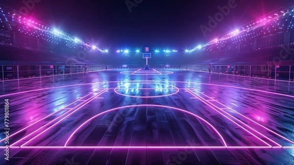 Fototapeta 3D render of glowing neon basketball court on black background, in the style of abstract