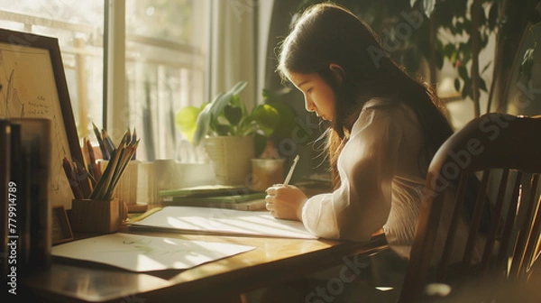 Fototapeta A schoolgirl seated at a desk, drawing and coloring a poster for an art assignment. The soft light from a nearby window illuminates her artwork, casting soft shadows that highlight