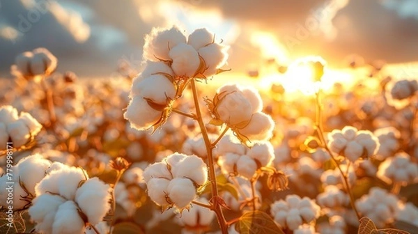 Fototapeta   A cotton field undergoing sunset, with clouds in the foreground