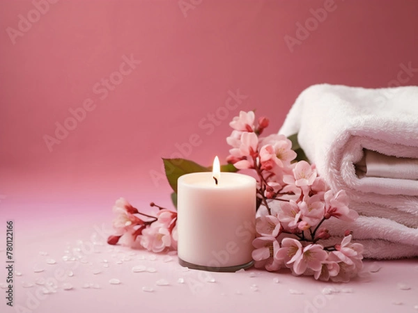 Fototapeta Pink background adorned with white cotton towel, pink flowers, and candles