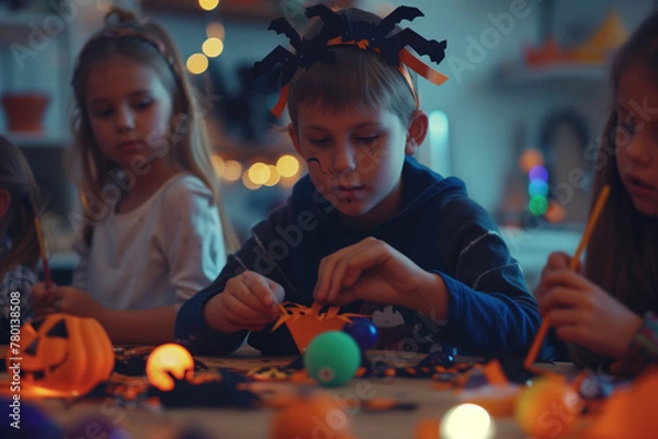 Fototapeta Focused children crafting Halloween decorations at a party with creative enthusiasm