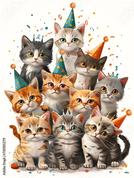 Fototapeta bunch of various cute happy kitten having a birthday party