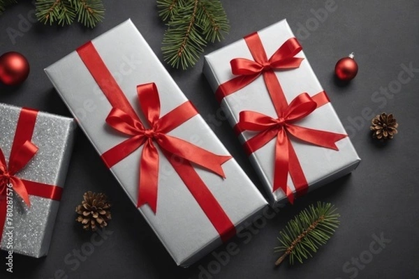 Fototapeta Christmas holiday season, silver packages with red ribbon.