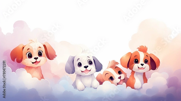 Fototapeta Cute puppies sitting on clouds, watercolor background of a children's postcard