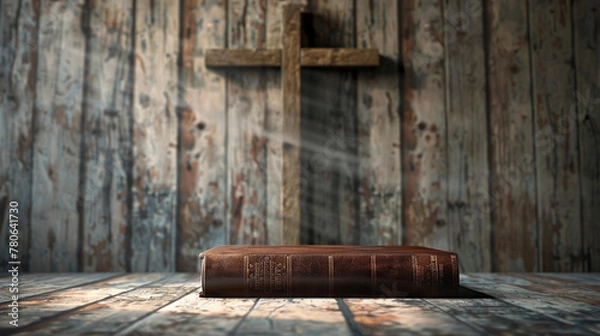 Fototapeta A tranquil scene of a holy bible against a wooden cross backdrop,