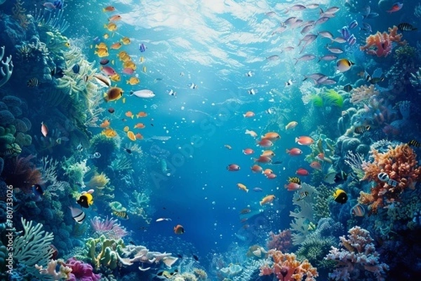 Fototapeta Vibrant coral reef teeming with fish and colorful corals in the underwater world ocean day