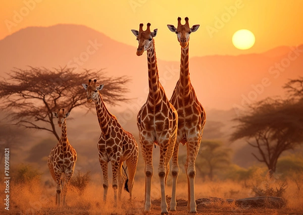 Fototapeta giraffe in the savannah at sunset