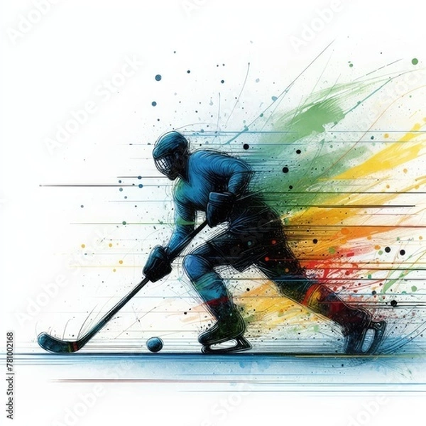 Fototapeta Hockey player in watercolor illustration with Generative AI.