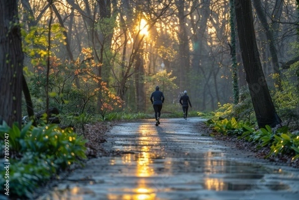 Fototapeta Two joggers enjoy a peaceful run on a sun-drenched path through a verdant park.