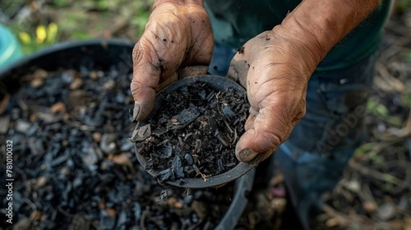 Fototapeta A pair of hands scoops up a handful of rich dark compost ready to be used as a natural fertilizer in the farms fields and gardens. .