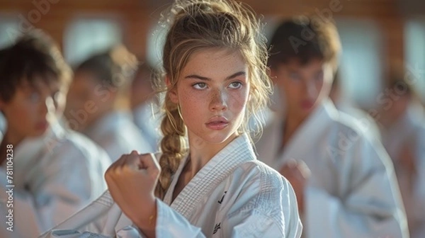 Fototapeta Young girl in karate uniform with group in background.