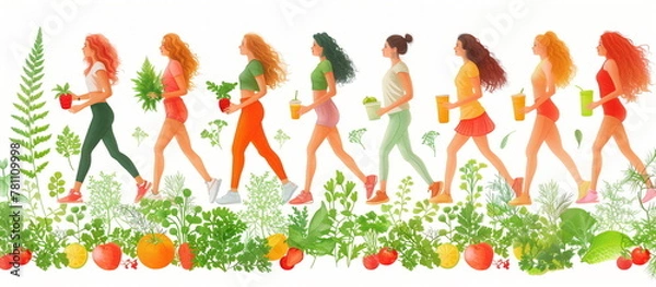 Fototapeta illustration of a Healthy Lifestyle, work and life balance., food, workout, a young woman