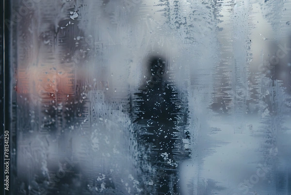 Fototapeta Silhouette of a person seen through a frosty window with intricate ice patterns and a cool blue winter atmosphere.