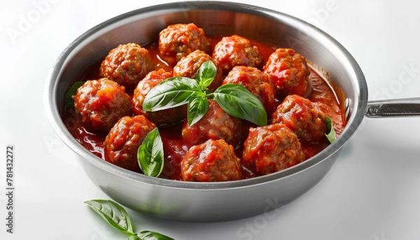 Fototapeta Frying pan of tasty meat balls with tomato sauce and basil on white background