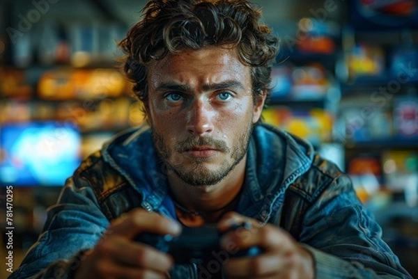 Obraz An intense portrait of a man deeply engaged in playing a video game in a store