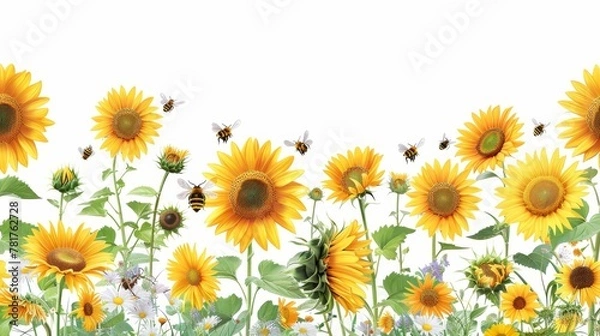 Fototapeta Seasonal Borders: A vector illustration of a border with sunflowers and bees