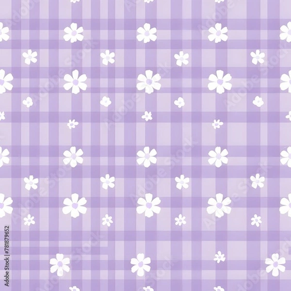 Obraz gingham seamless pattern with daisies, pale lavender color, white background