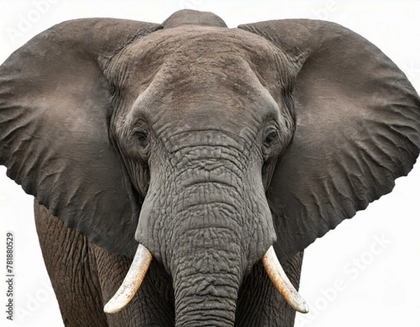 Fototapeta Close-up of a large African elephant, isolated against a white background