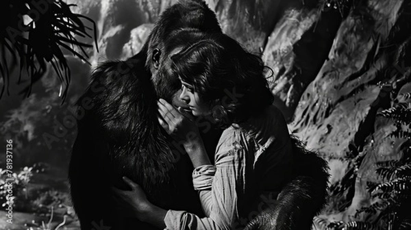 Fototapeta Interwoven with scenes of man and his lover are shots of a wild and untamed gorilla, symbolizing the primal and instinctual nature of their attraction. The imagery is bold and provocative.