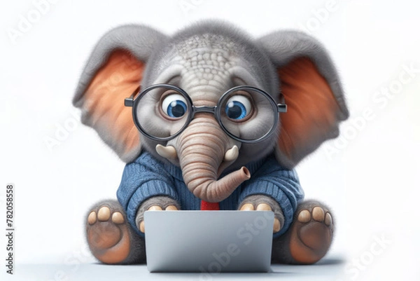 Fototapeta elephant with glasses and a surprised look on her face is looking at a laptop on white background