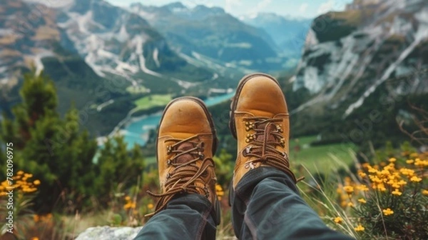 Obraz Hiking boot. Legs on mountain trail during trekking in forest. Leather ankle shoes.