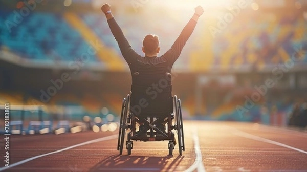 Fototapeta A man in a wheelchair is standing on a track and raising his arms in the air