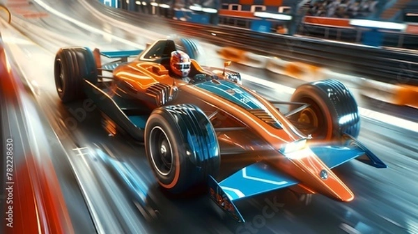 Fototapeta Dynamic Racing Car in High-Speed Action on a Blurred Track. Vivid Colors and Motion Blur Capture a Sense of Speed. Ideal for Sports Themes. AI