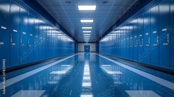 Fototapeta Digital Illustration of a Long School Corridor with Blue Lockers Generative AI