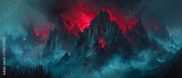 Obraz   A painting of a mountain scene with red and blue smoke rising from its peak, trees in the foreground