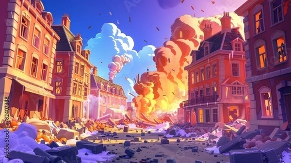 Fototapeta A cataclysm destruction, a natural disaster or a post-apocalyptic world ruins with broken road and street, a cartoon modern illustration of a devastated city in a war zone.