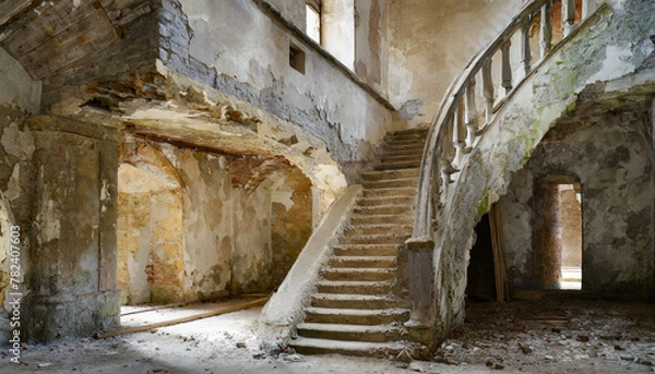 Fototapeta An old abandoned mysterious building with stairs leading to the first floor and illuminated by sunlight that gives a warm atmosphere to the whole place