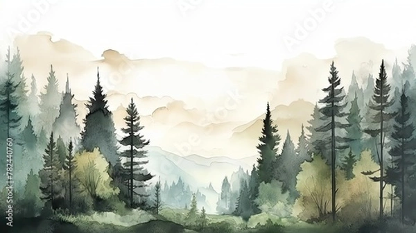 Fototapeta Serene Watercolor Forest Landscape Illustration Generative AI