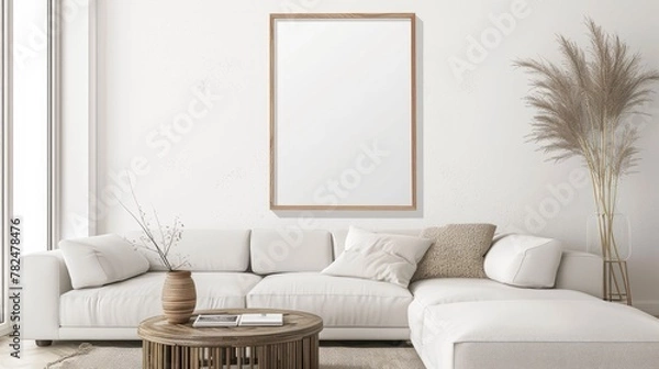 Fototapeta mock up poster frame in modern interior background, close up, living room, Scandinavian style, 3D render