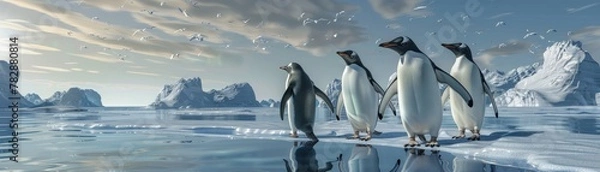 Fototapeta A group of penguins waddling around a frozen water source at a Martian pole adapting to extreme cold